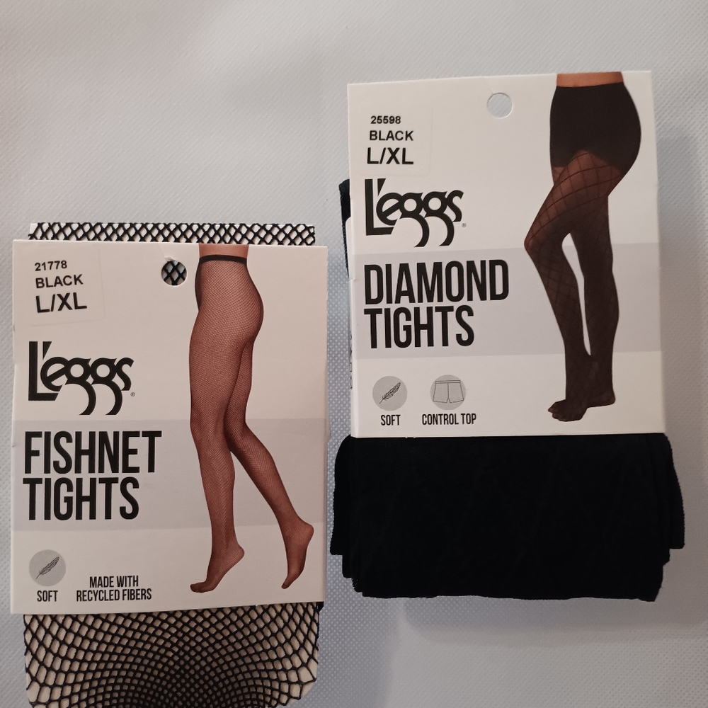 Leggs Fishnet Tights Black and Leggs Diamond Tights Black L/XL Brand New